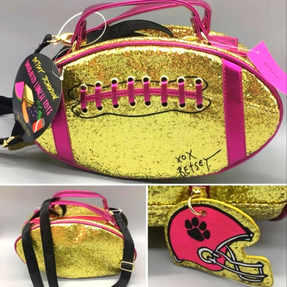 Betsey Johnson Gold football insulated tote bag with strap